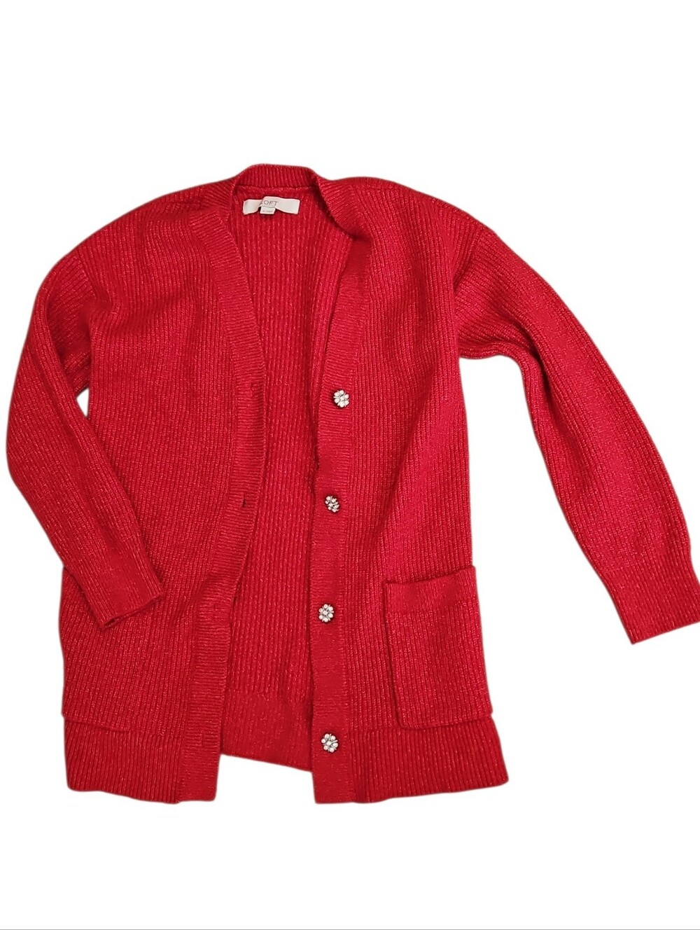 Loft Red Sparkle Button-Front Knit Sweater Cardigan Size Small
